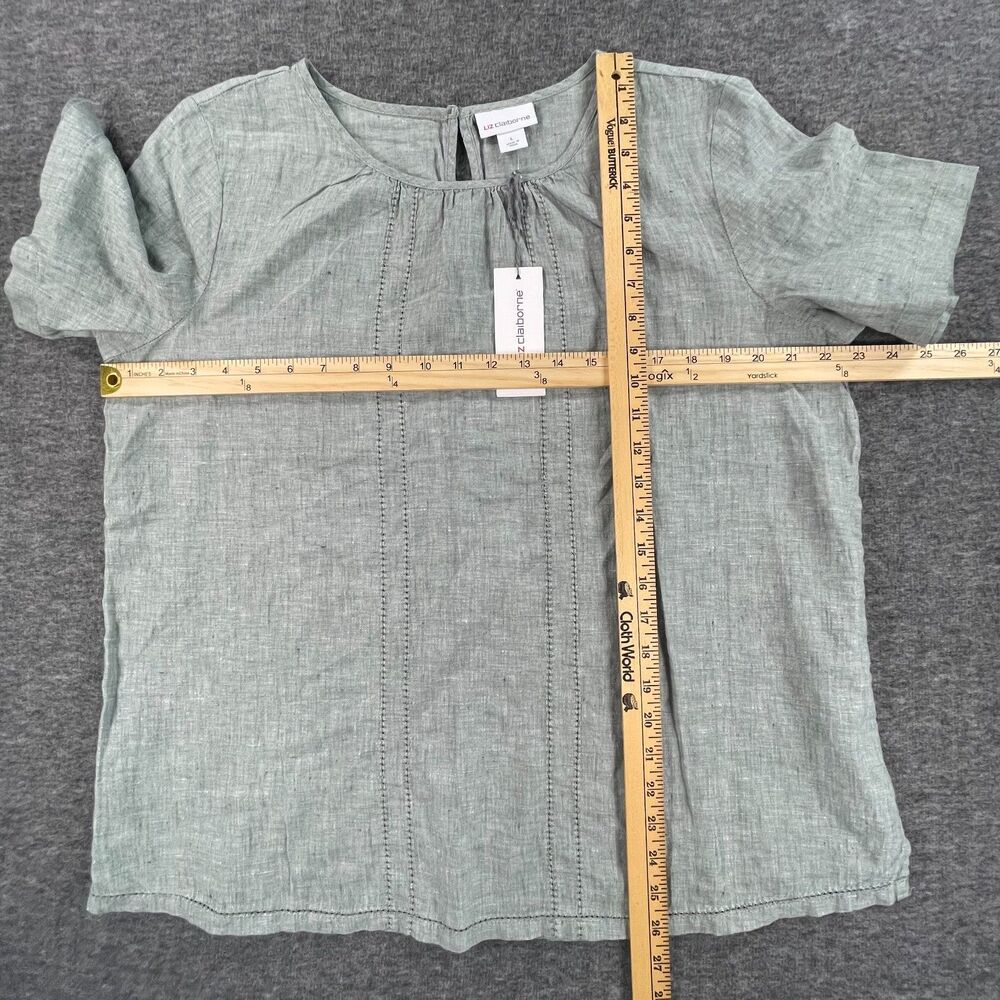 NWT Liz Claiborne Linen Cotton Pintuck Short Sleeve Blouse L Forest Green - Picture 5 of 11
